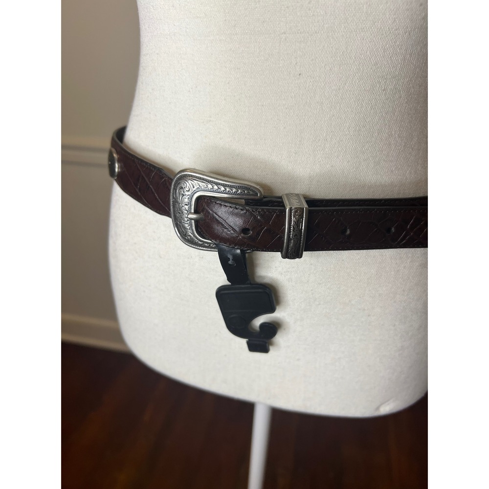 Western Crocodile Embossed Brown Belt Silver Floral Engraved Buckle Concho Trim